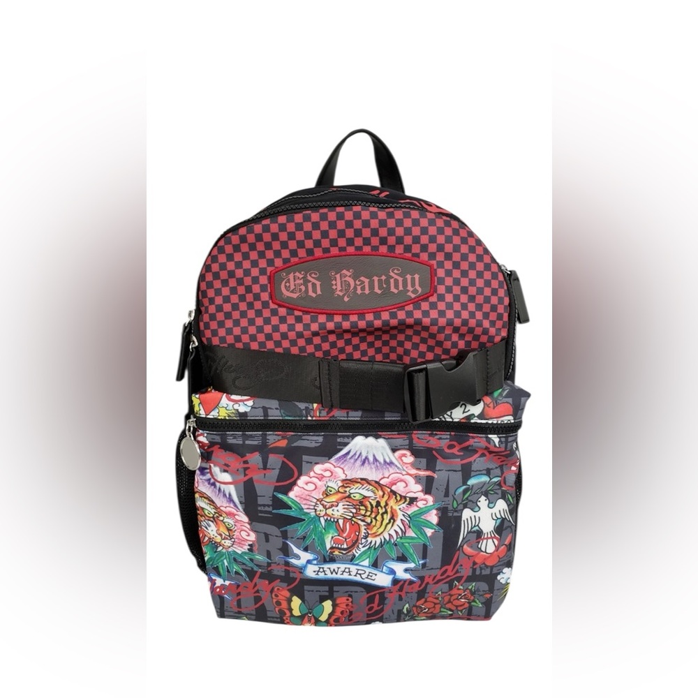 ED‎ HARDY Backpack Tiger Checkered Fit Most Laptops Adjustable Straps NWT